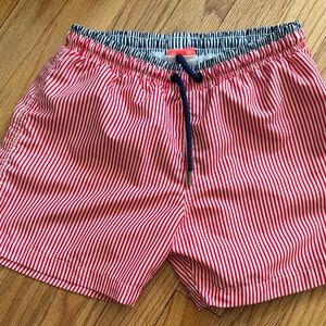 Kids Red Stripe Swim Trunks with Navy Drawstring